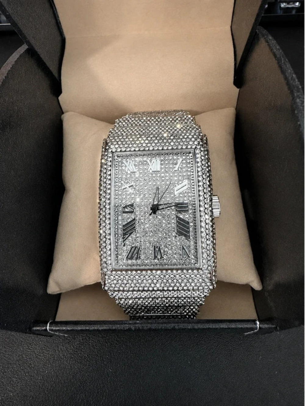 #594  42mm Silver-Tone Chandelier Watch – Roman Numerals & Iced-Out Bling